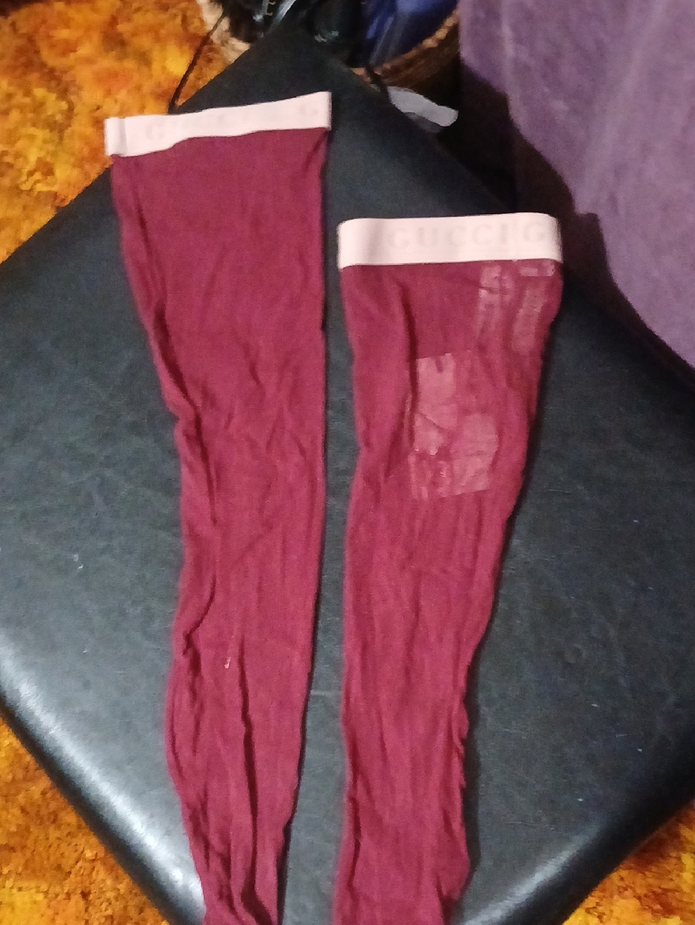 Gucci Burgundy Sheer Thigh-Highs with Pale Pink Branded Band